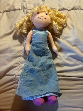 Blonde-Haired Plush Doll in Light Blue Dress with Pink Shoes